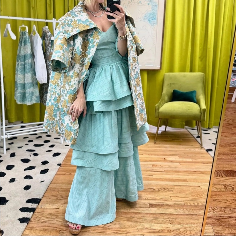 NWT Buru Teagan Tiered Ruffle Textured Stripe Full Length A-Line Pocketed Skirt